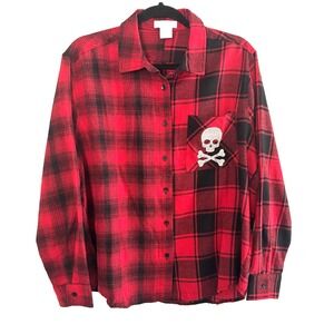 Mixed Media Plaid Flannel Shirt Sz L Red Black Skull Crossbones Bling Punk Edgy